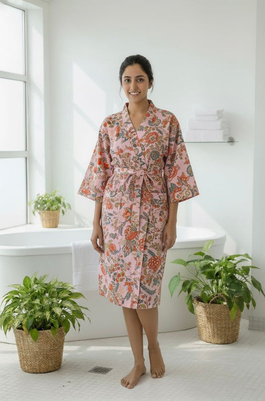 Pink Hand Block Printed Cotton Waffle Bathrobe – Ultra Soft & Absorbent