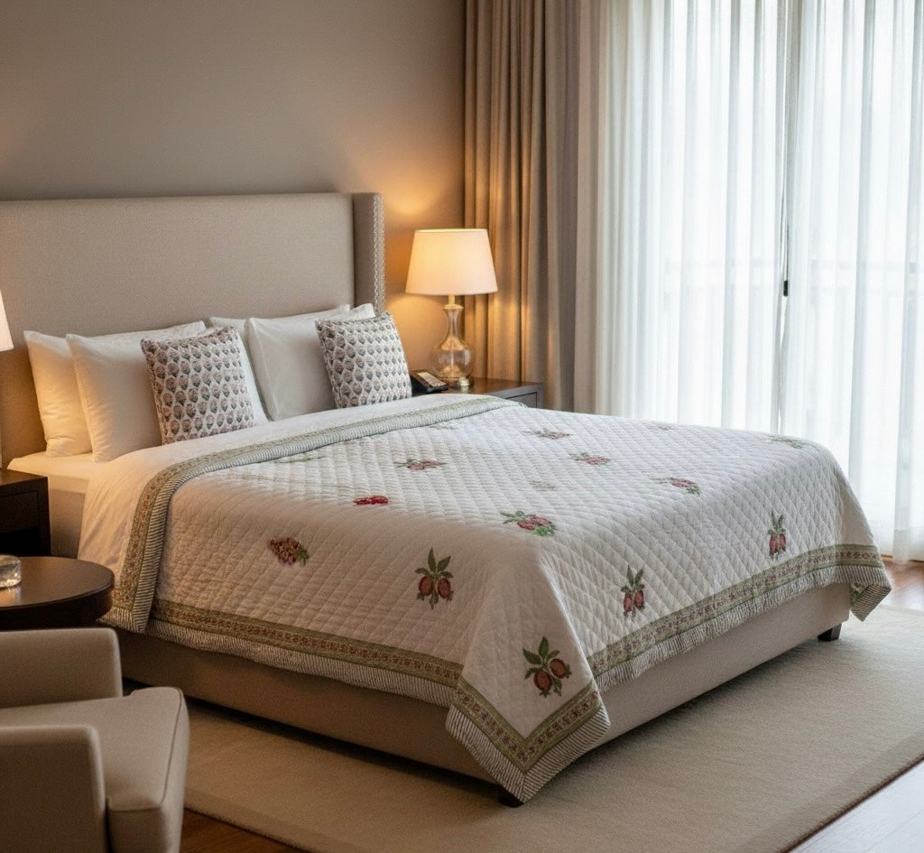 Handblock Jaipuri Quilt- Handblock Printed Reversible Mulmul Cotton Quilt - Double (90 x 108 inch)