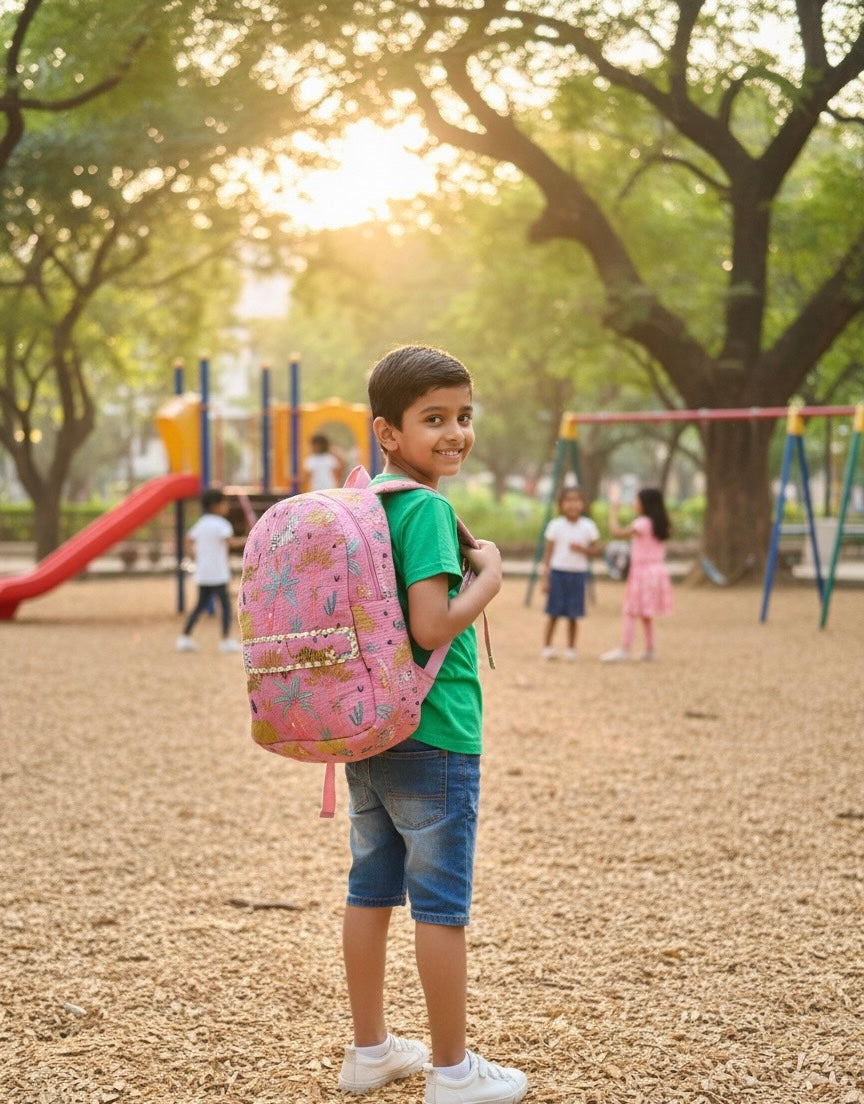 Pink Handblock Quilted Backpack – Lightweight & Stylish Bag