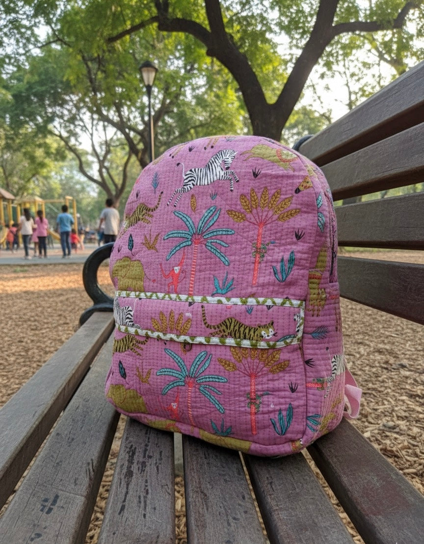 Pink Handblock Quilted Backpack – Lightweight & Stylish Bag