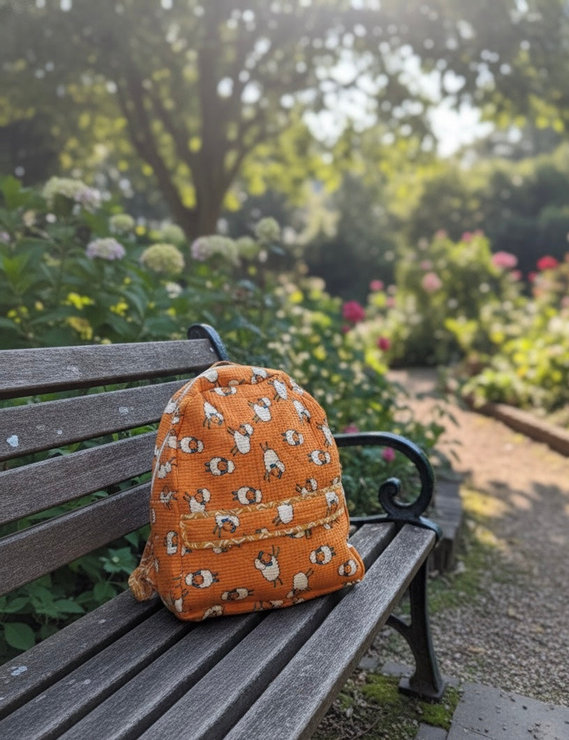 Orange Handblock Quilted Backpack – Lightweight & Stylish Bag