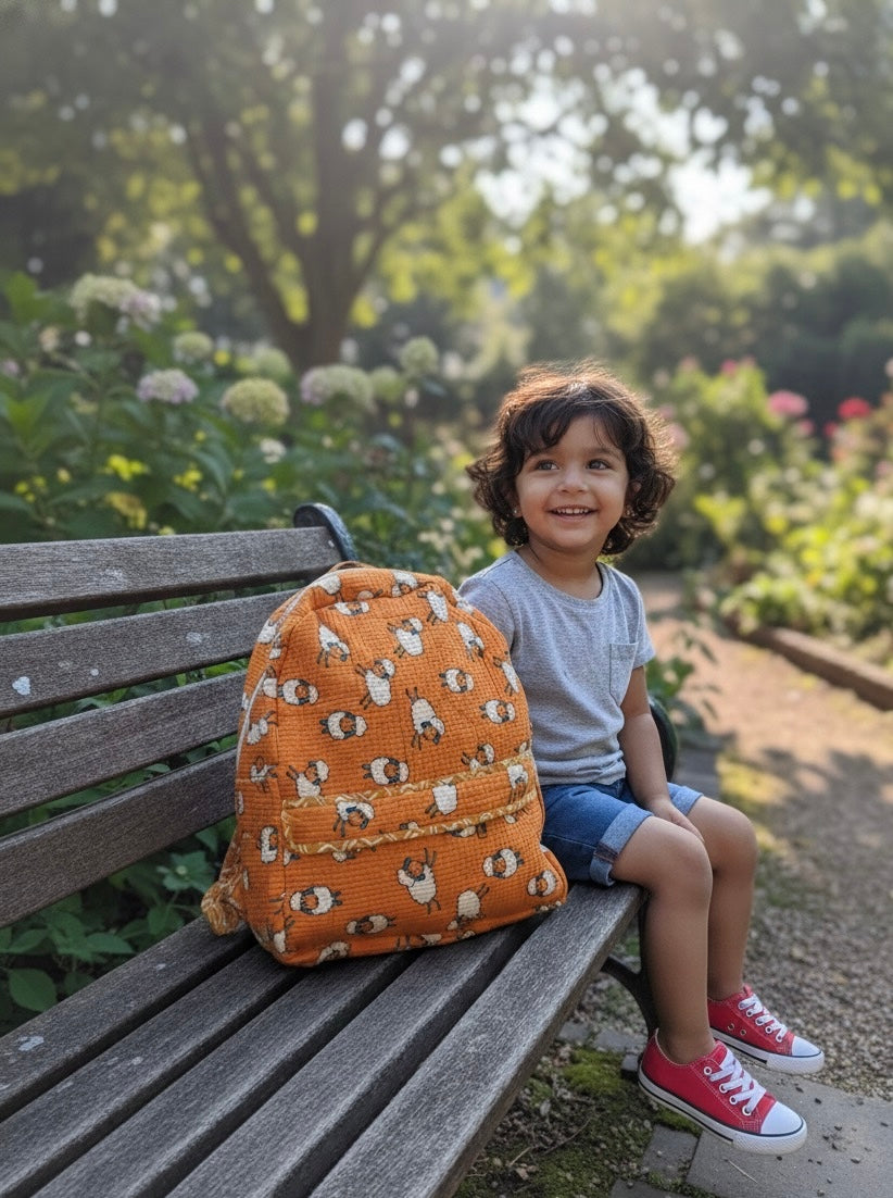 Orange Handblock Quilted Backpack – Lightweight & Stylish Bag