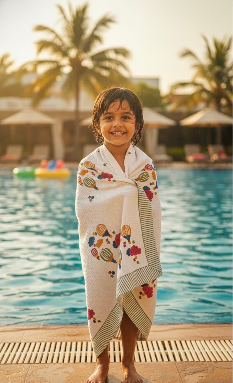 Hand Block Printed Kids Hot Baloon Bath Towel – Soft & Quick-Drying