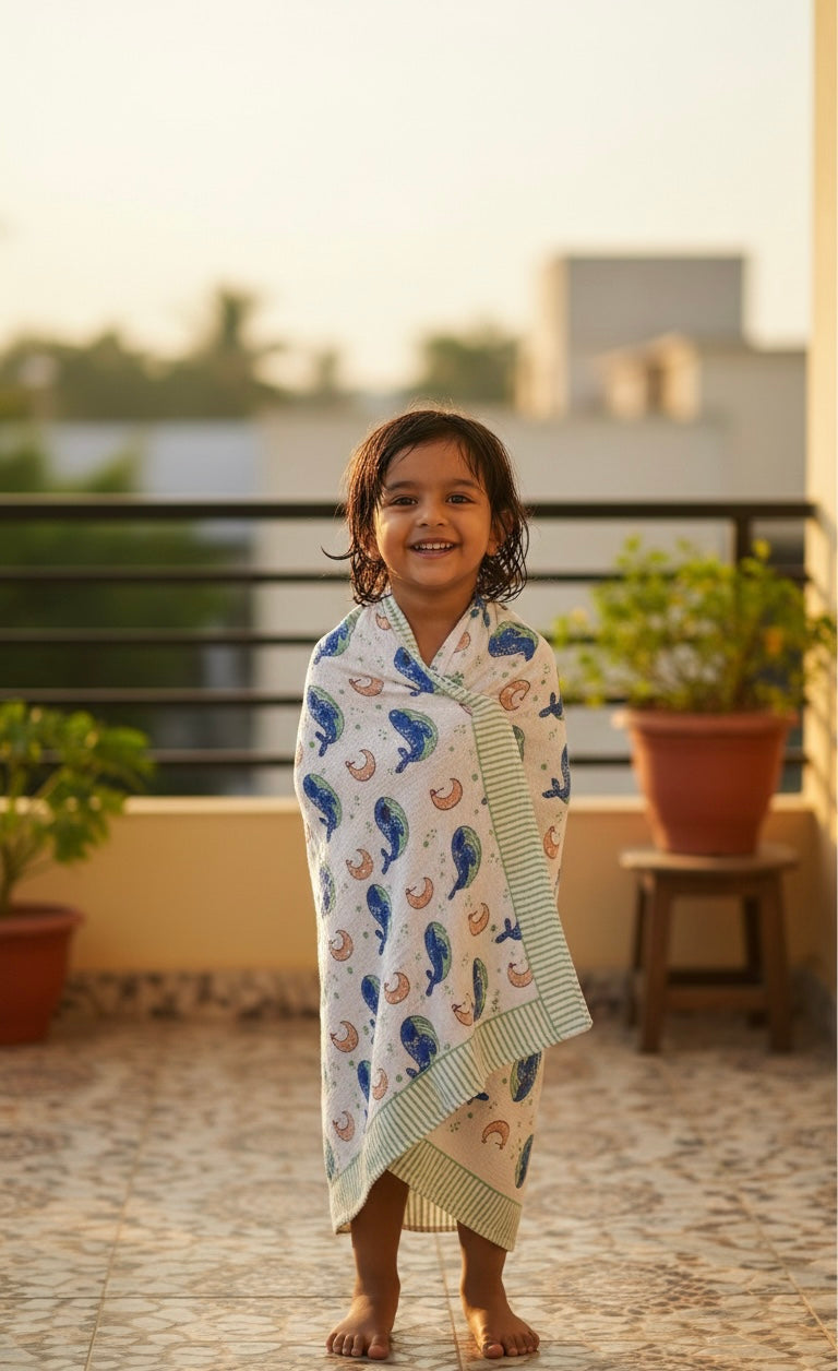 Hand Block Printed Kids Whale Bath Towel – Soft & Quick-Drying