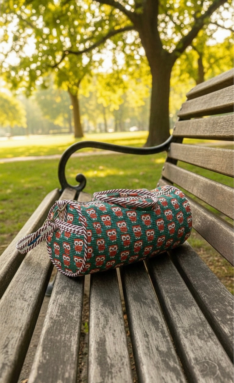 Handblock Quilted Kids Owl Green Duffle Bag – 15 x 20 Inch