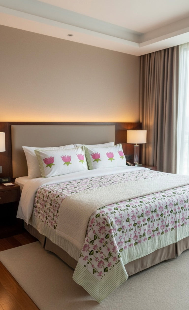 Kamal Bagh Collection - Hand Block Printed King Bedsheet with Reversible Pillow Covers (90 x 108 inches)