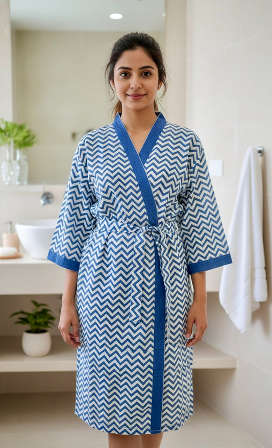 Hand Block Printed Blue Zigzag Cotton Waffle Bathrobe – Ultra Soft & Absorbent