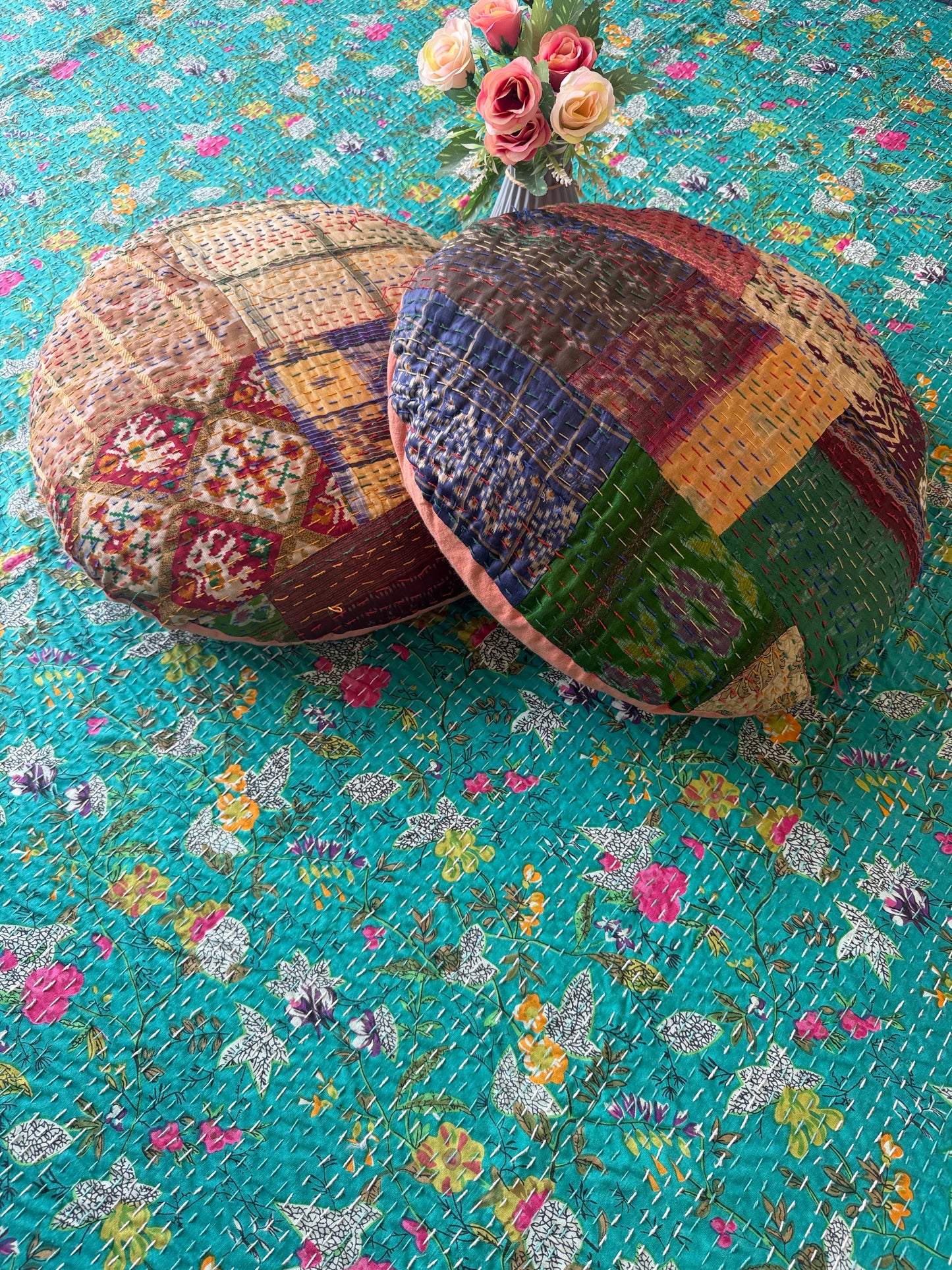 Teal Kantha Luxury Bedcover - 90x108 inch