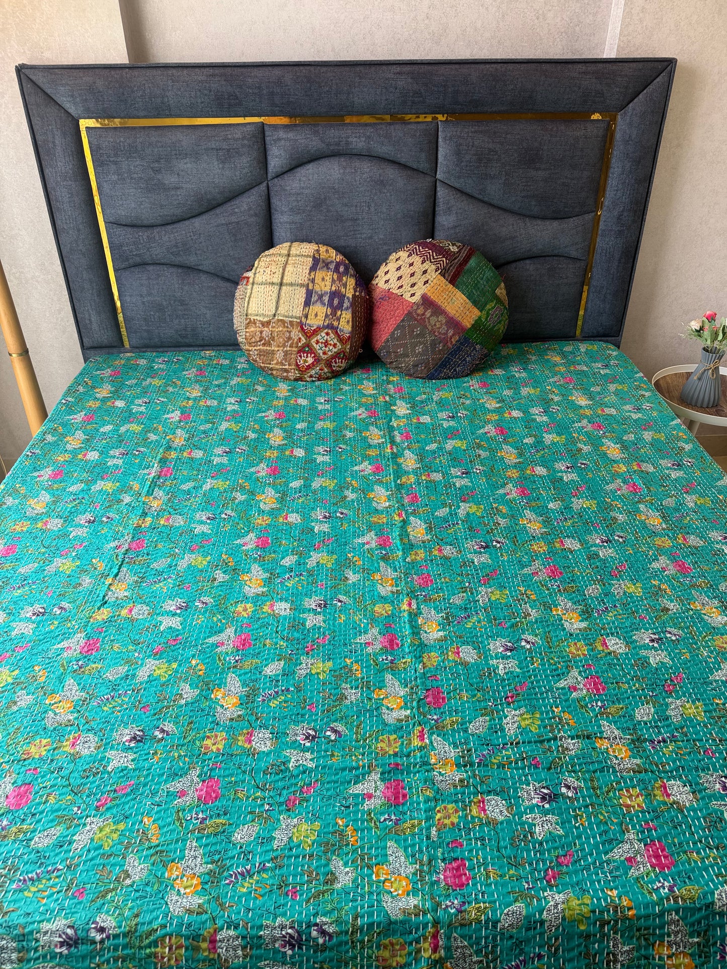 Teal Kantha Luxury Bedcover - 90x108 inch