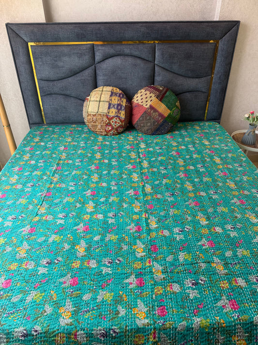 Teal Kantha Luxury Bedcover - 90x108 inch
