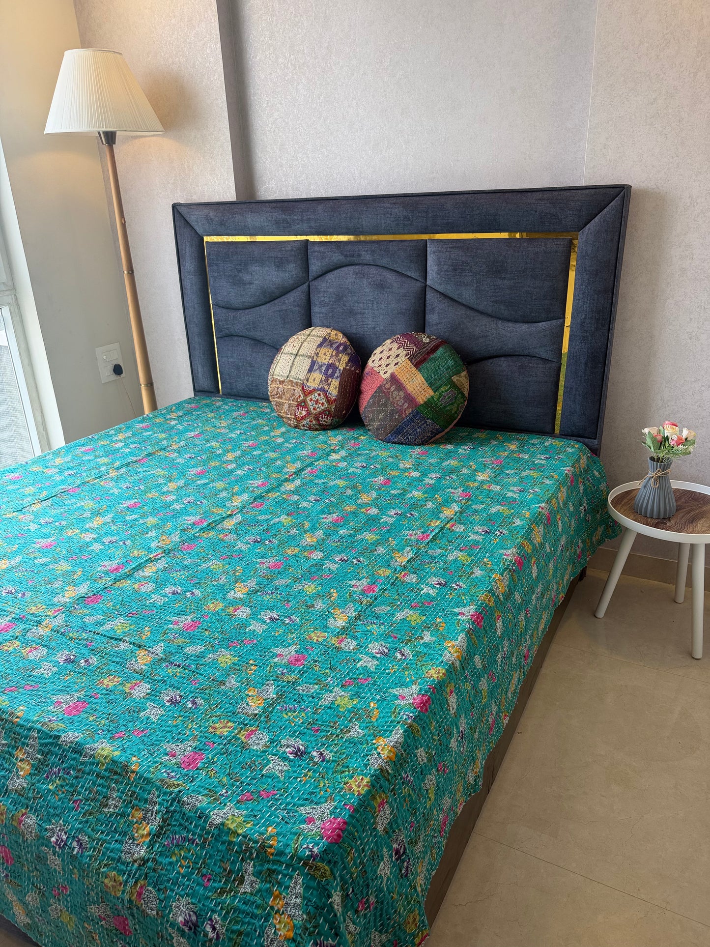 Teal Kantha Luxury Bedcover - 90x108 inch