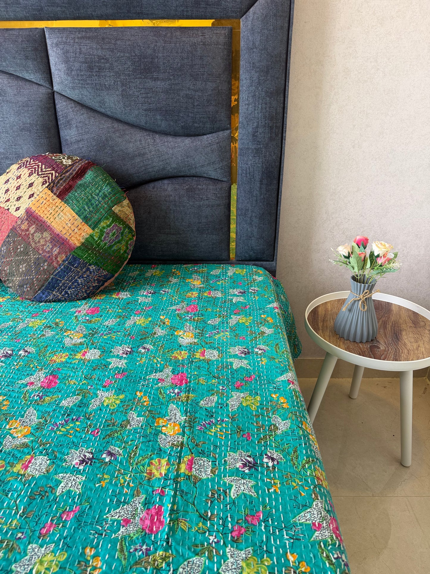 Teal Kantha Luxury Bedcover - 90x108 inch