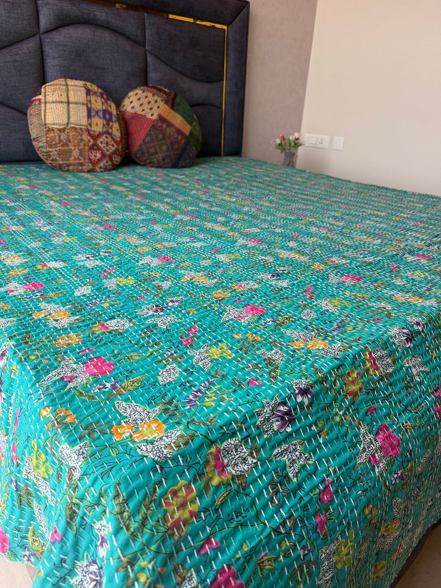 Teal Kantha Luxury Bedcover - 90x108 inch