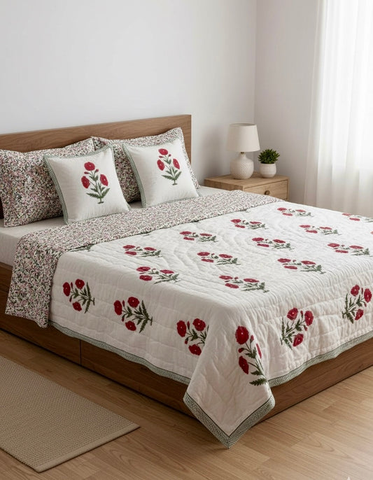 Red Poppy - Matching Double Bed Quilt & Bedsheet Set