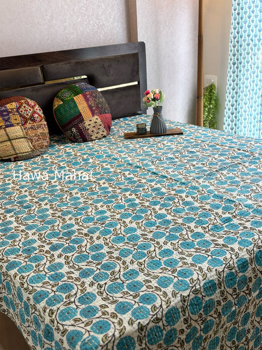 Light Blue Kantha Luxury Bedcover - 90x108 inch