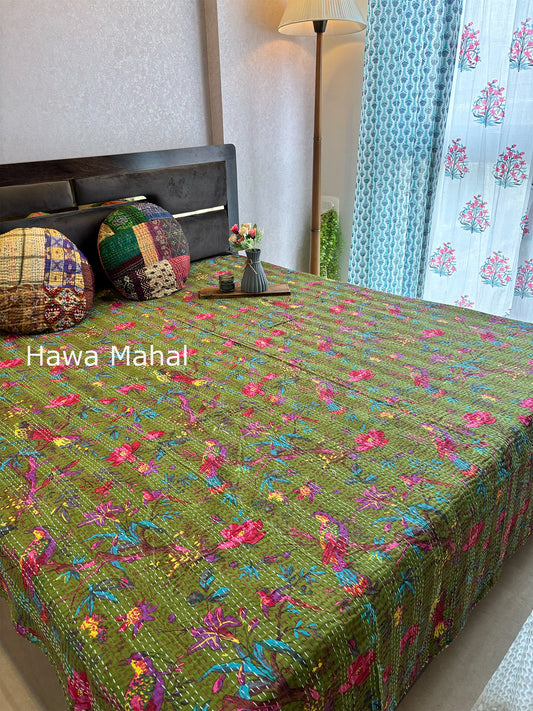 Green Kantha Luxury Bedcover - 90x108 inch
