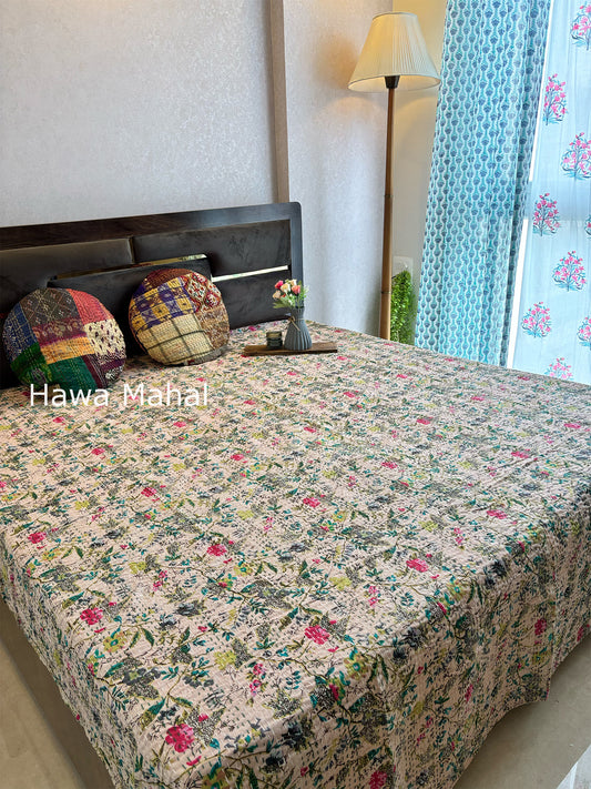 Beige Kantha Luxury Bedcover - 90x108 inch