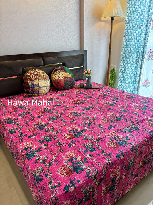 Pink Kantha Luxury Bedcover - 90x108 inch