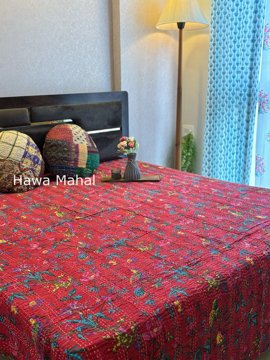 Red Kantha Luxury Bedcover - 90x108 inch