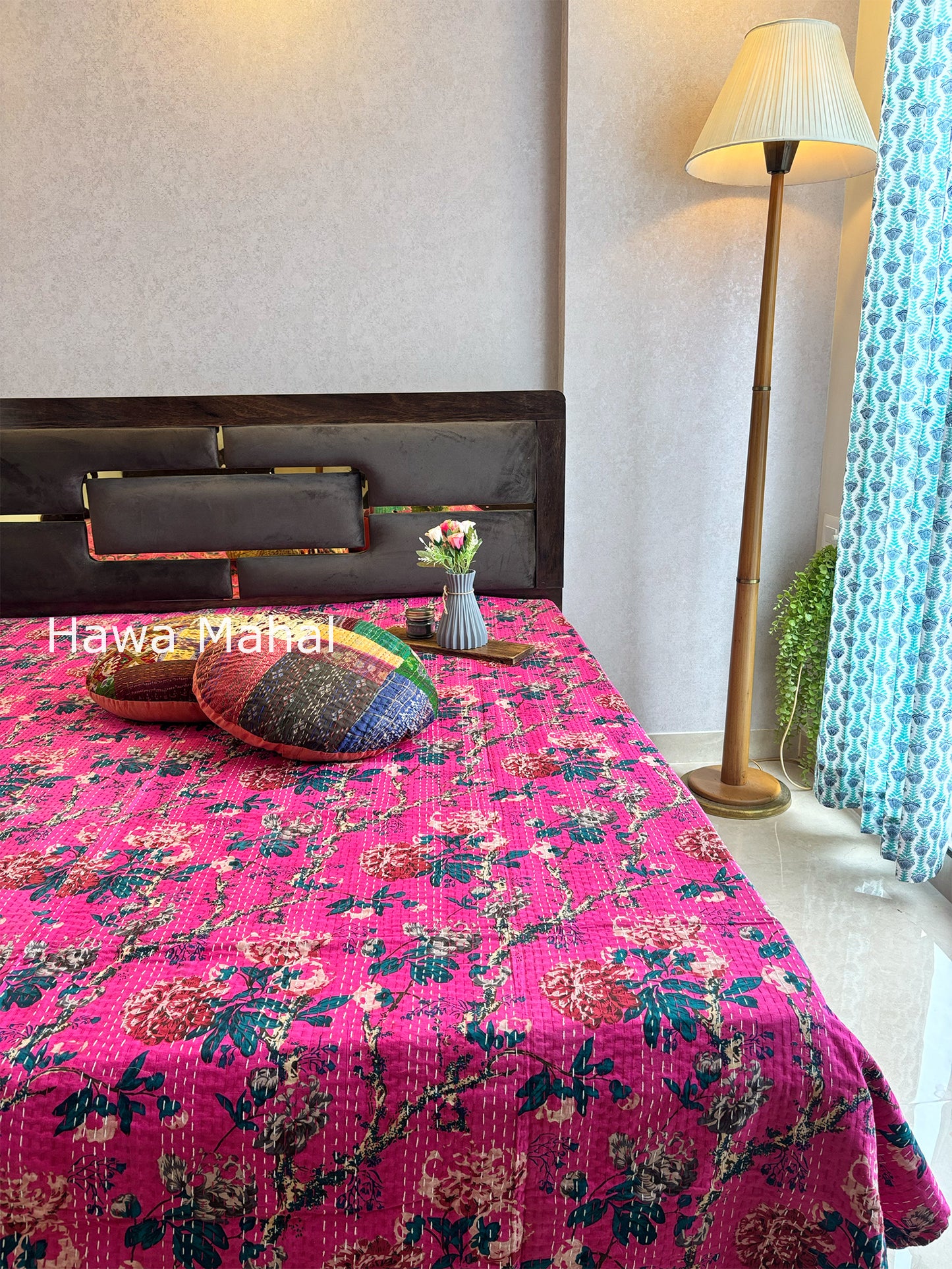 Pink Kantha Luxury Bedcover - 90x108 inch