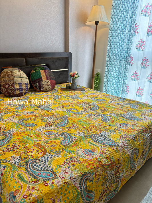 Yellow Kantha Luxury Bedcover - 90x108 inch