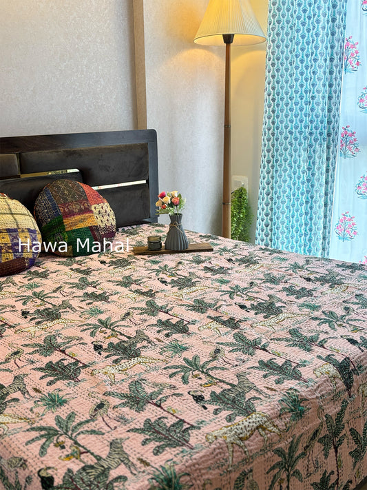 Light Pink Kantha Luxury Bedcover - 90x108 inch
