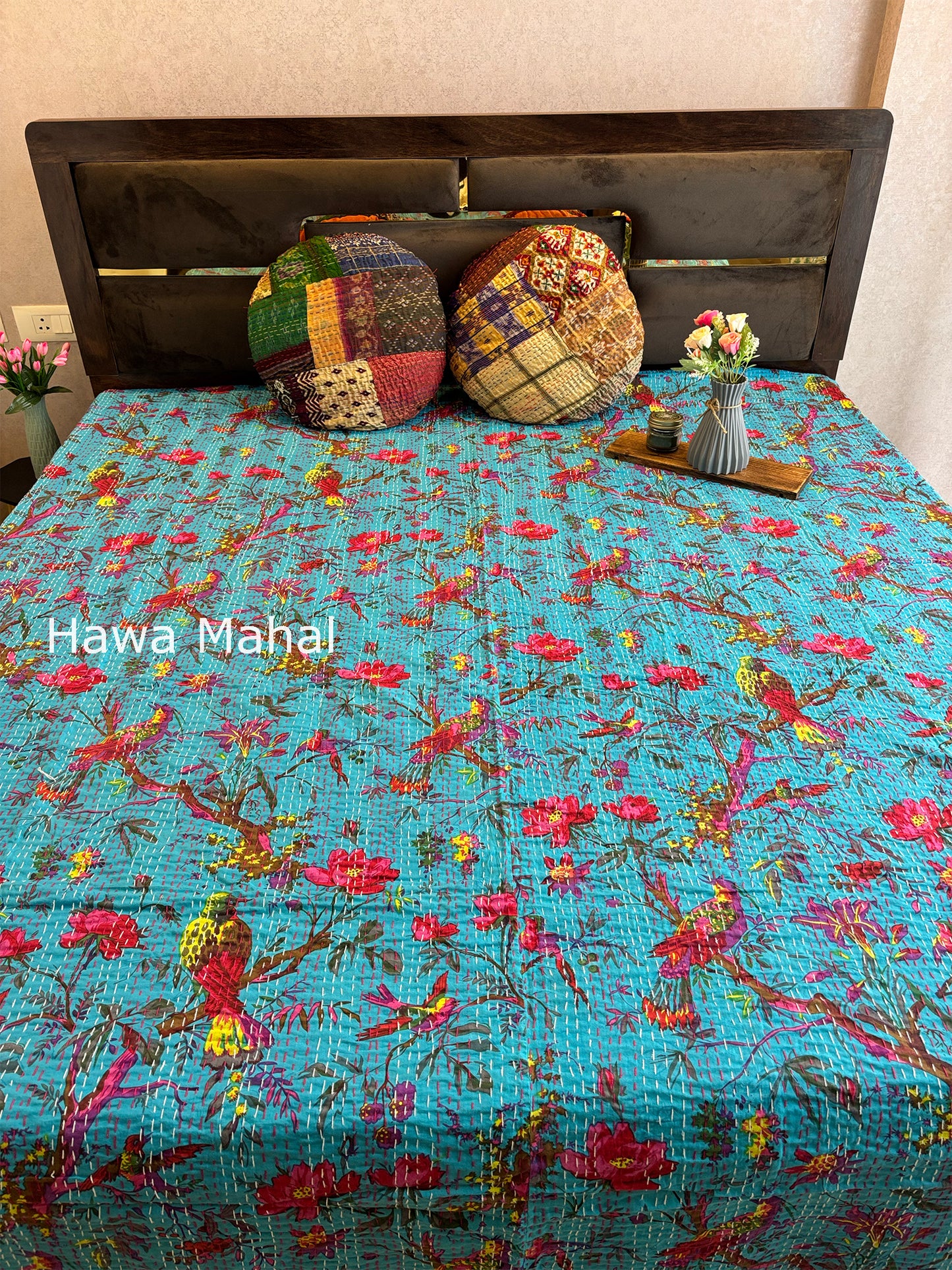 Turquoise Kantha Luxury Bedcover - 90x108 inch