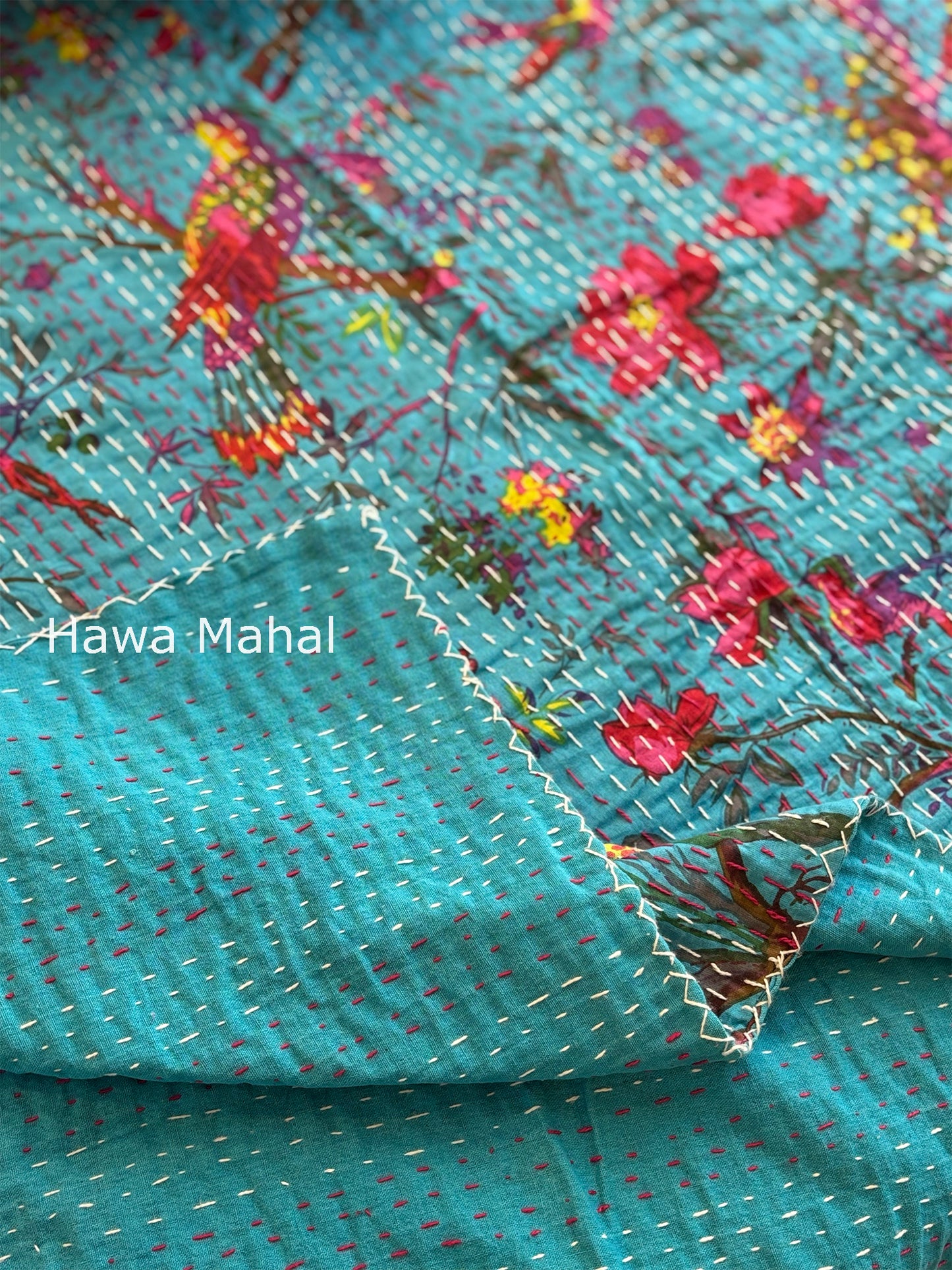 Turquoise Kantha Luxury Bedcover - 90x108 inch
