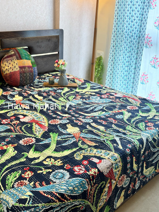 Navy Kantha Luxury Bedcover - 90x108 inch