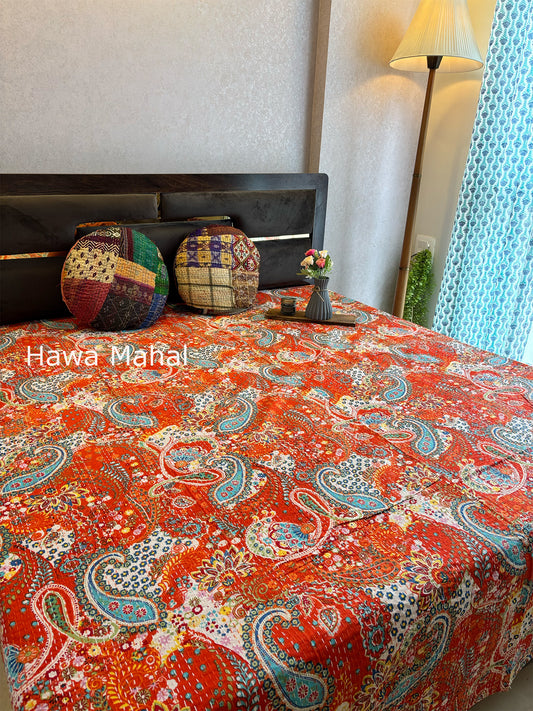 Orange Kantha Luxury Bedcover - 90x108 inch