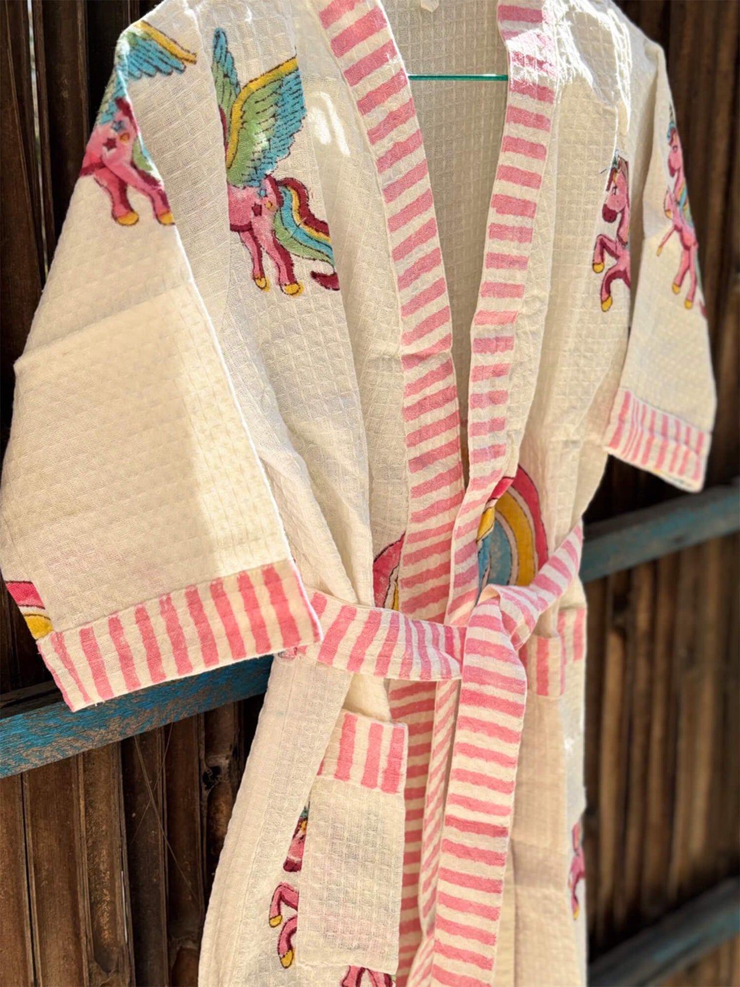 Hand Block Printed Kids Waffle Cotton Bathrobe