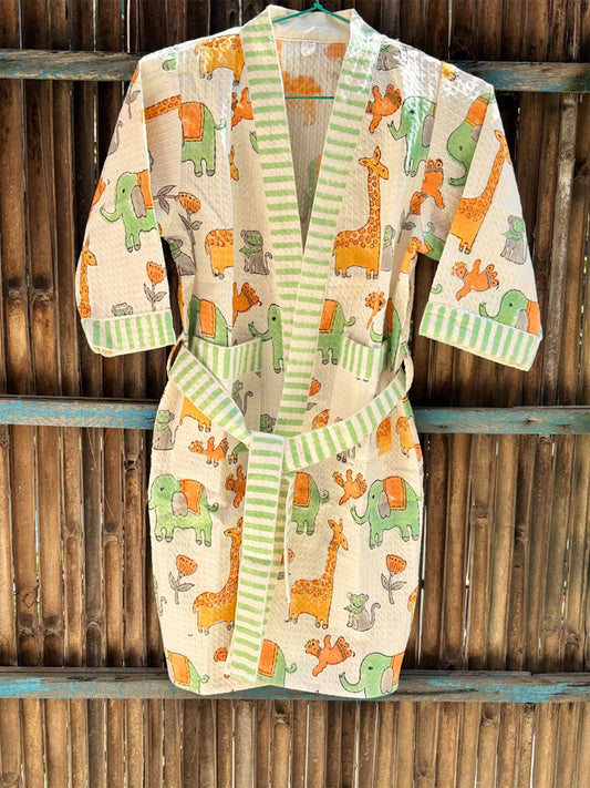 Hand Block Printed Kids Waffle Cotton Bathrobe