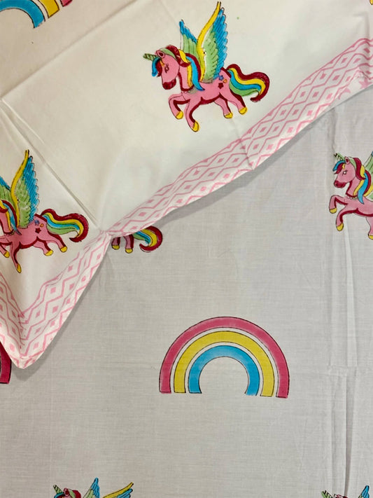 Handblock Kids Single Bedsheet – Unicorn