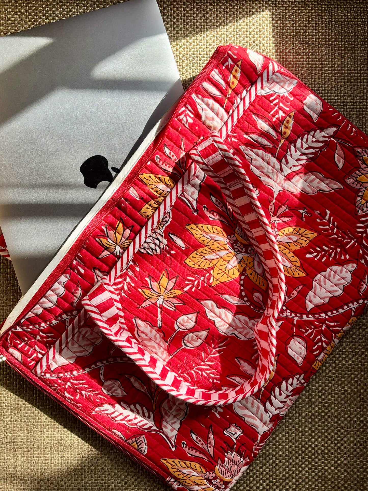 Handblock Quilted Cotton Laptop Sleeve – 14 Inch - Red