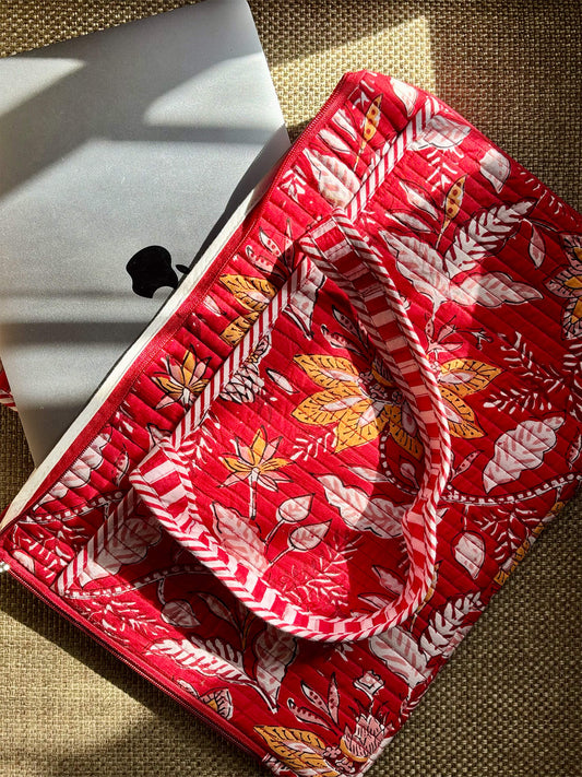Handblock Quilted Cotton Laptop Sleeve – 14 Inch - Red