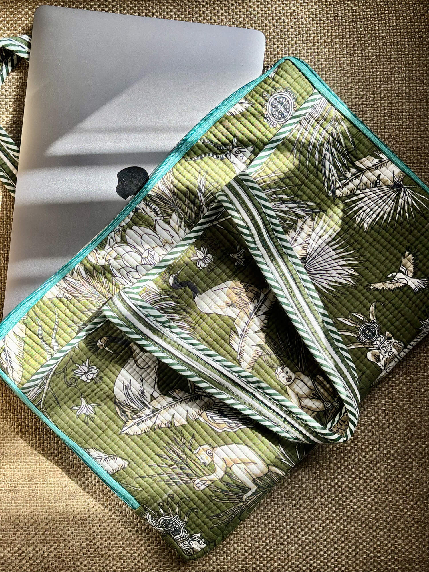 Handblock Quilted Cotton Laptop Sleeve – 14 Inch - Green