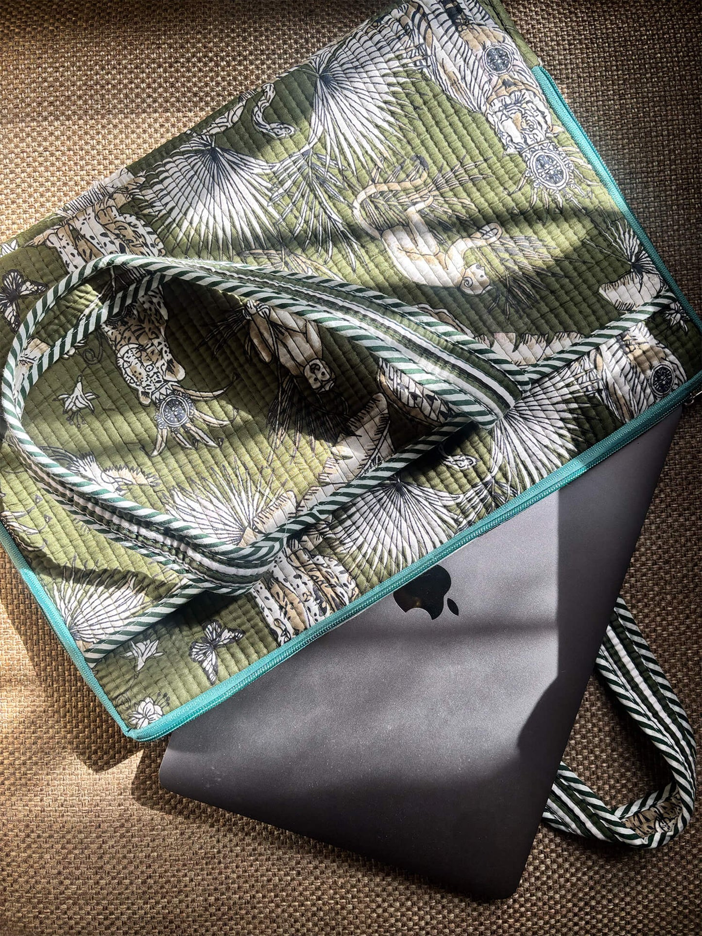 Handblock Quilted Cotton Laptop Sleeve – 14 Inch - Green