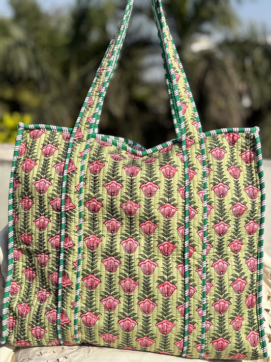 Hand Block Printed Quilted Tote Bag