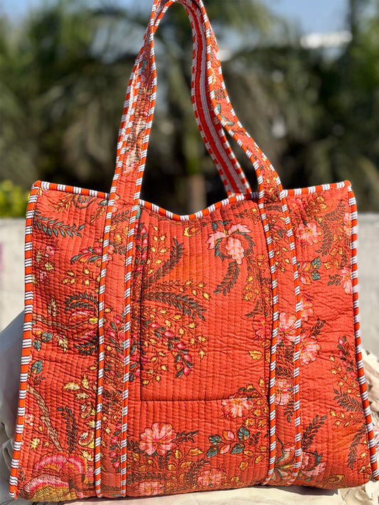 Hand Block Printed Quilted Tote Bag