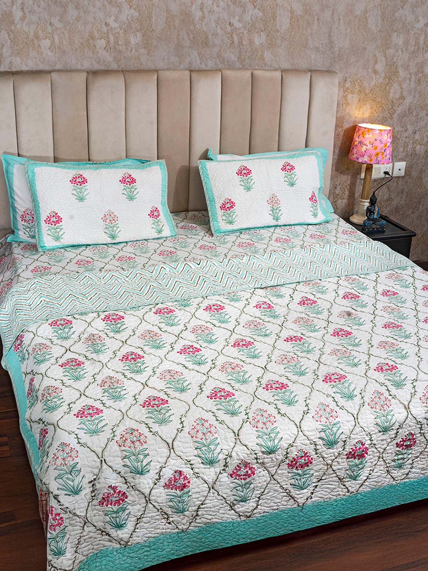 Mughal Bagh Collection -Handcrafted Quilted Cotton Bedcover with Two Pillow Covers