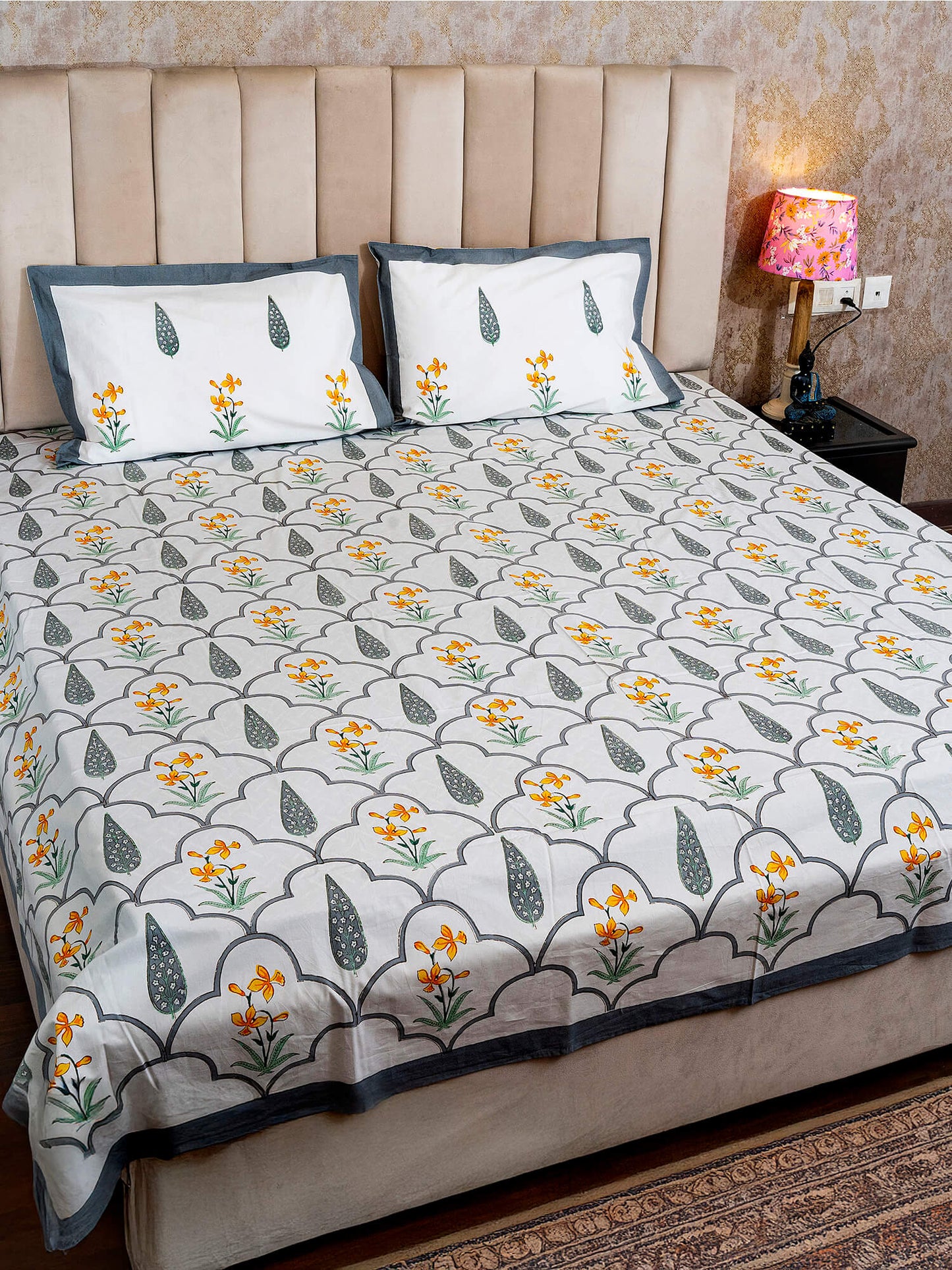 Meera Bagh Collection - Hand Block Printed Super King Bedsheet with Reversible Pillow Covers (108 x 108 inches)