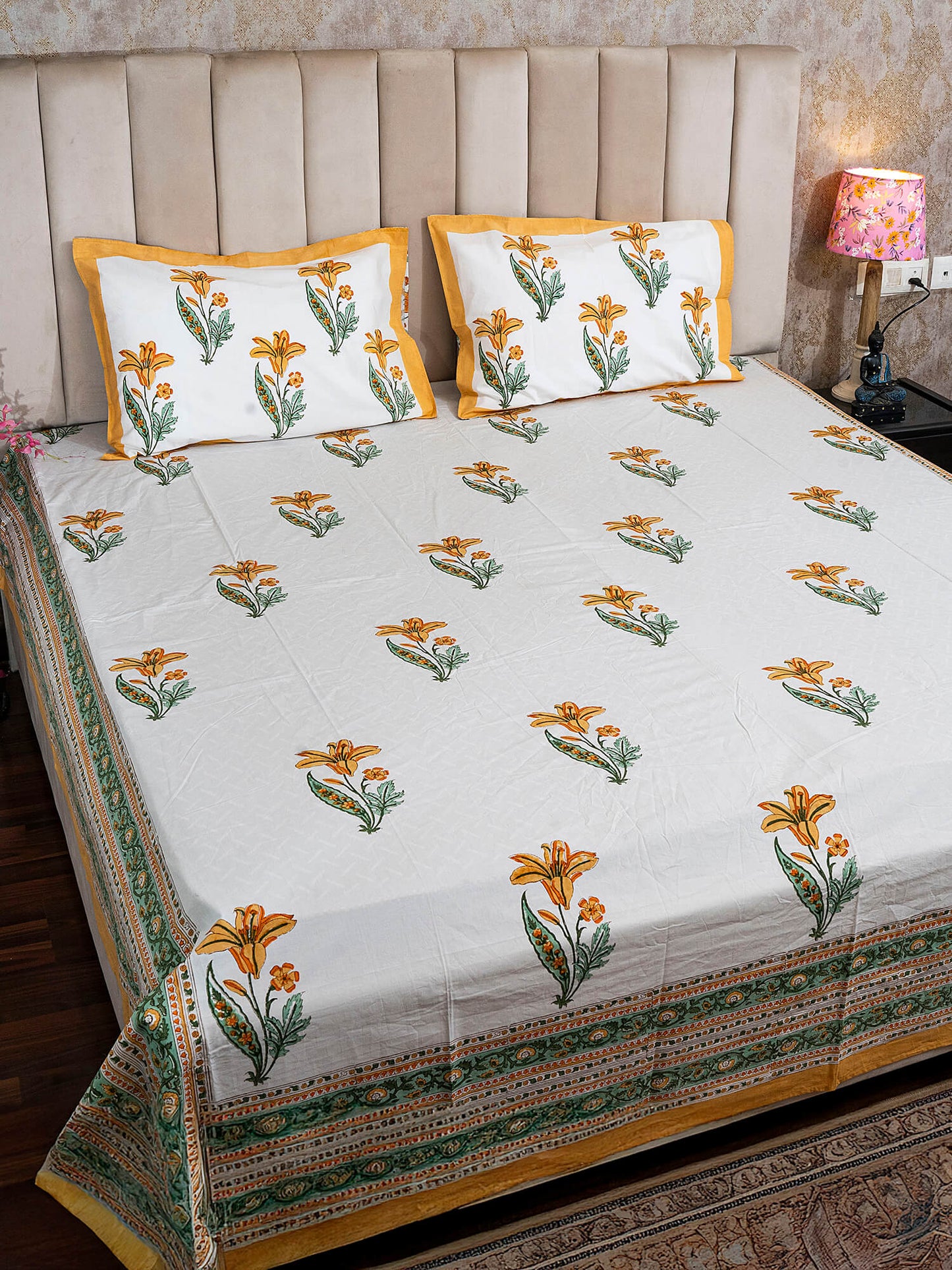 Sunhera Bagh Collection - Hand Block Printed King Bedsheet with Reversible Pillow Covers (90 x 108 inches)