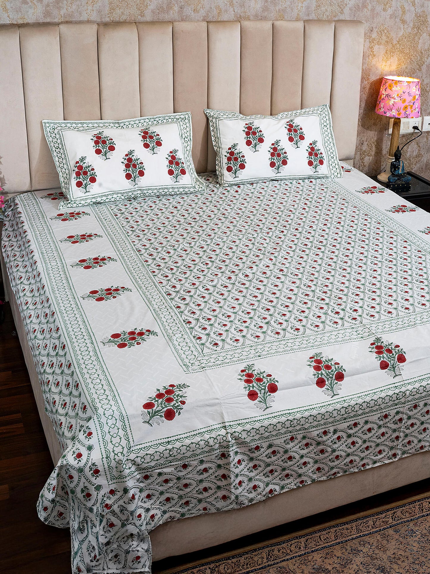 Anar Bagh Collection - Hand Block Printed Super King Bedsheet with Reversible Pillow Covers (108 x 108 inches)