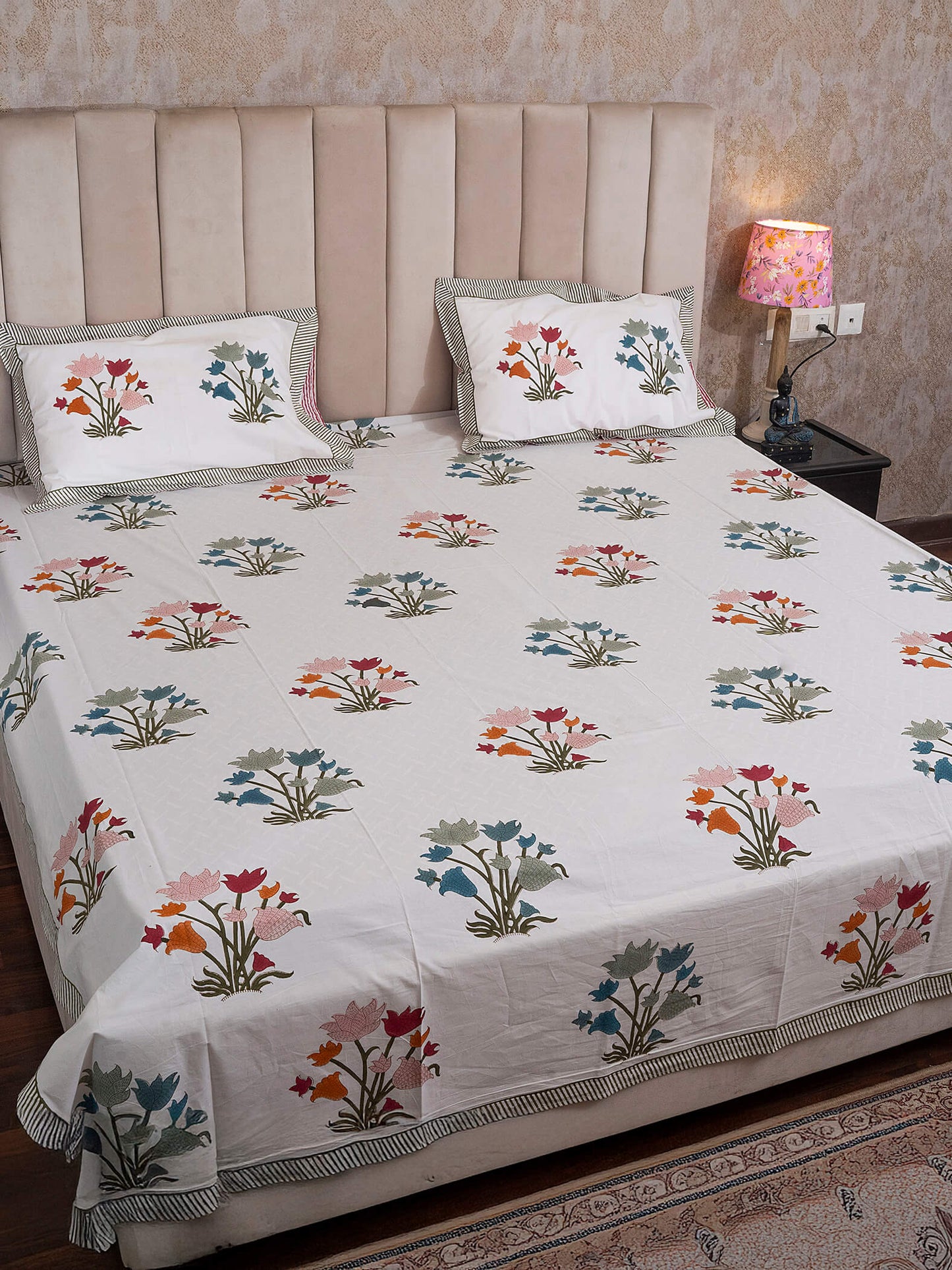 Rang Bagh Collection - Hand Block Printed King Bedsheet with Reversible Pillow Covers (90 x 108 inches)