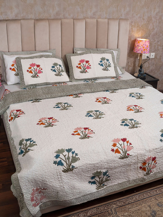 Rang Bagh Collection - Handcrafted Quilted Cotton Bedcover with Two Pillow Covers