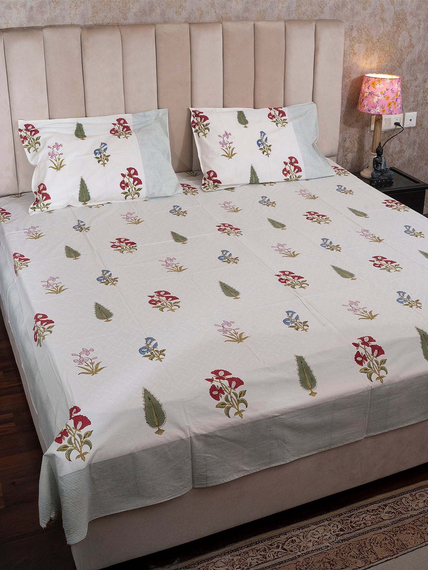 Phool Bagh Collection - Hand Block Printed Super King Bedsheet with Reversible Pillow Covers (108 x 108 inches)