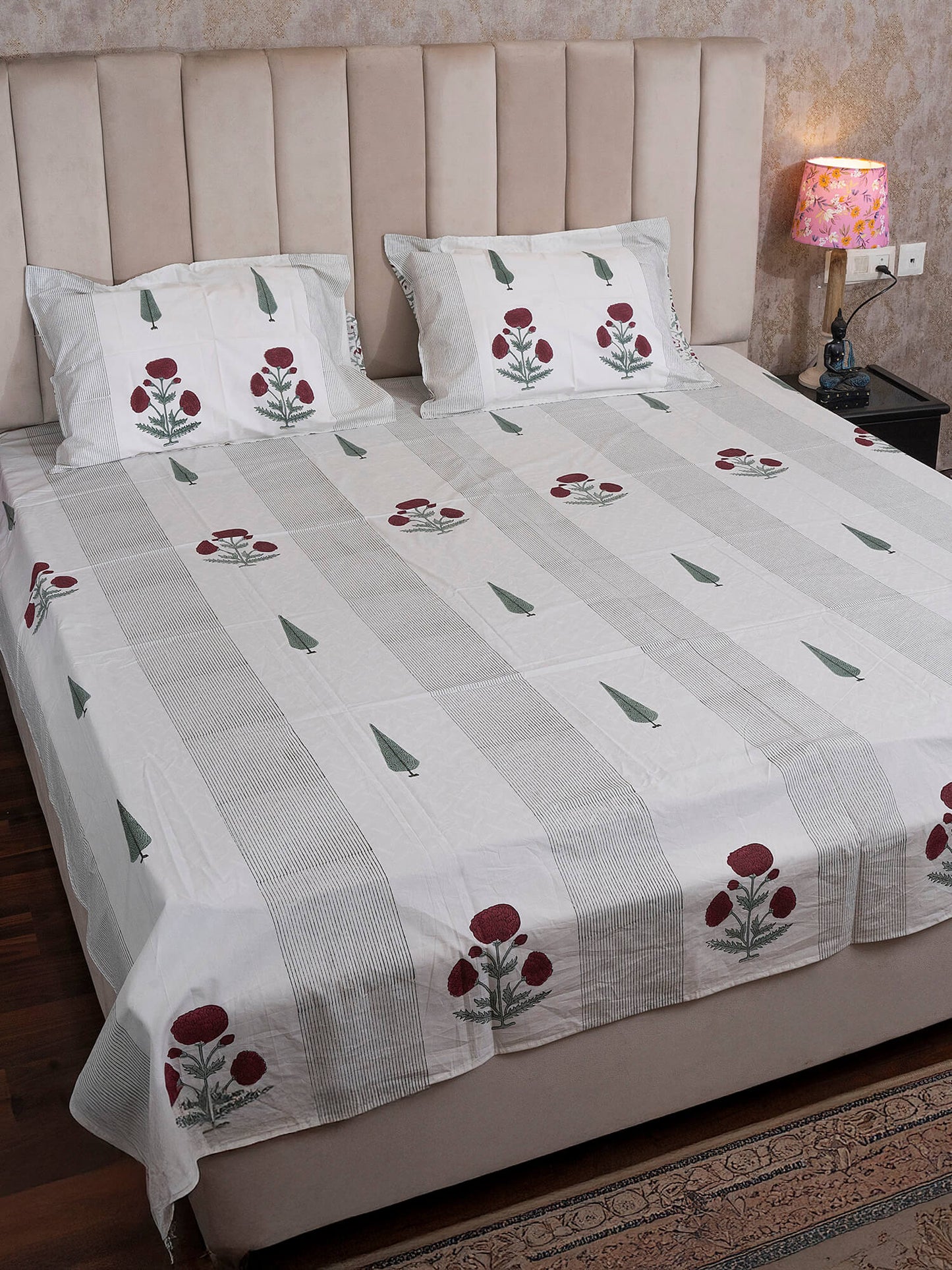 Khas Bagh Collection - Hand Block Printed Super King Bedsheet with Reversible Pillow Covers (108 x 108 inches)