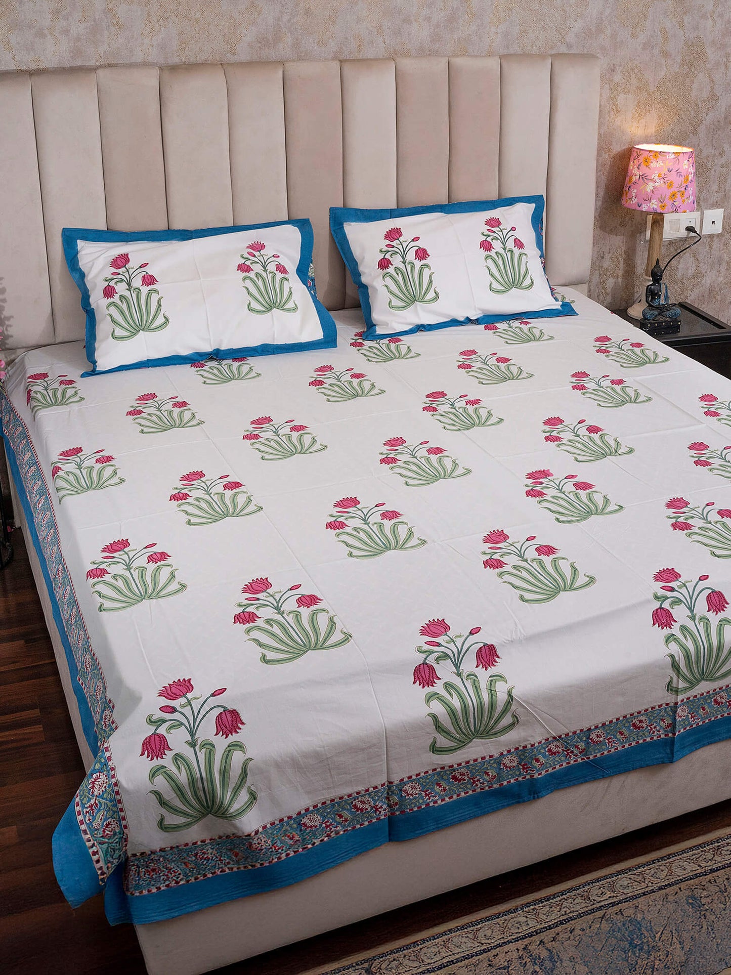 Sajjan Bagh Colection - Hand Block Printed King Bedsheet with Reversible Pillow Covers (90 x 108 inches)