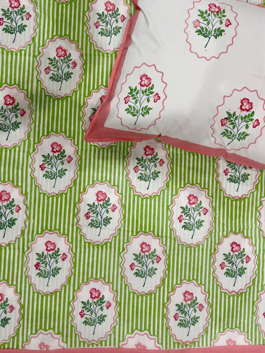 Taruni Hand Block Printed King Bedsheet with Reversible Pillow Covers (90 x 108 inches)