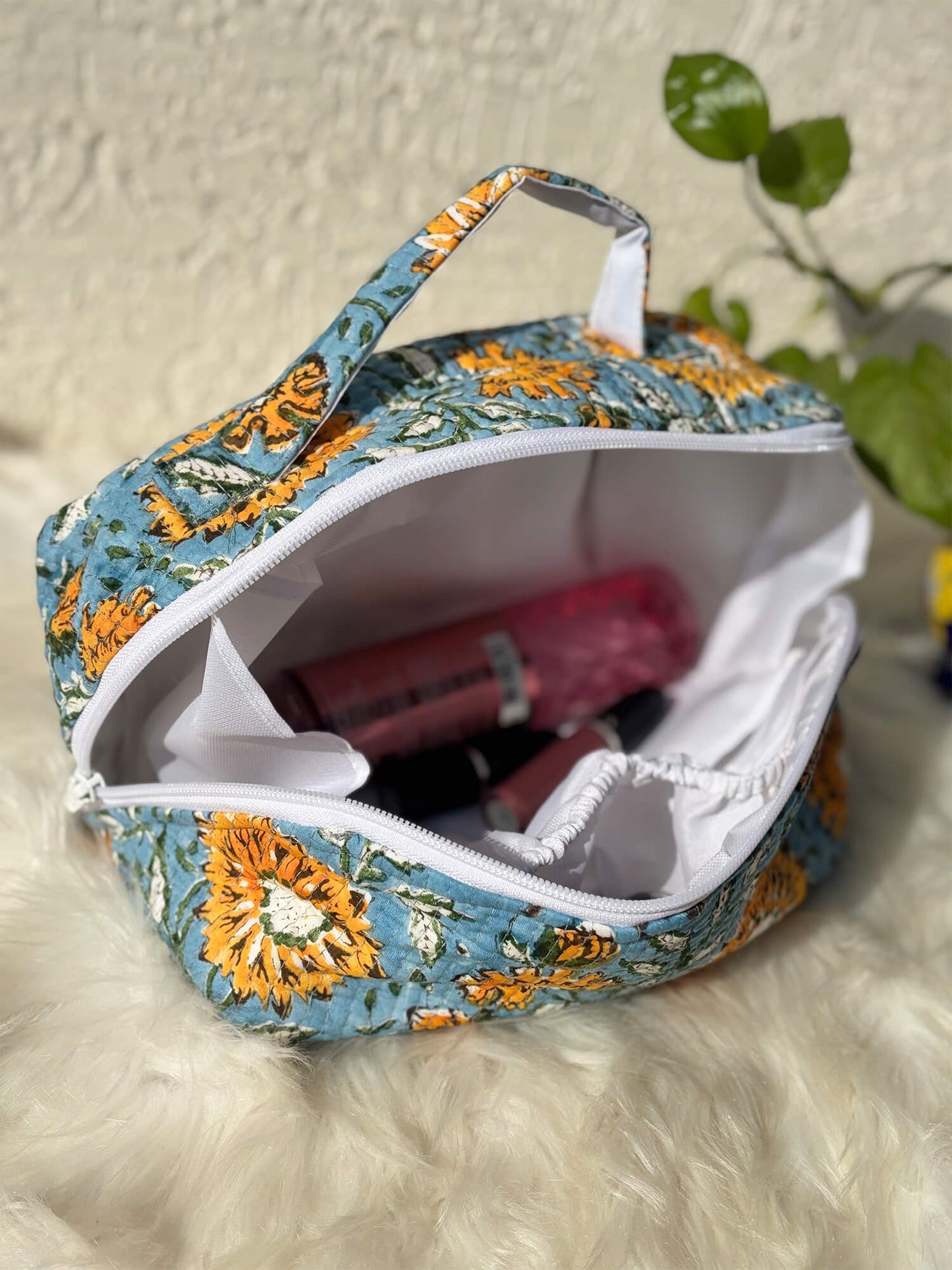 Handblock Quilted Vanity Bag – Travel-Friendly Organizer